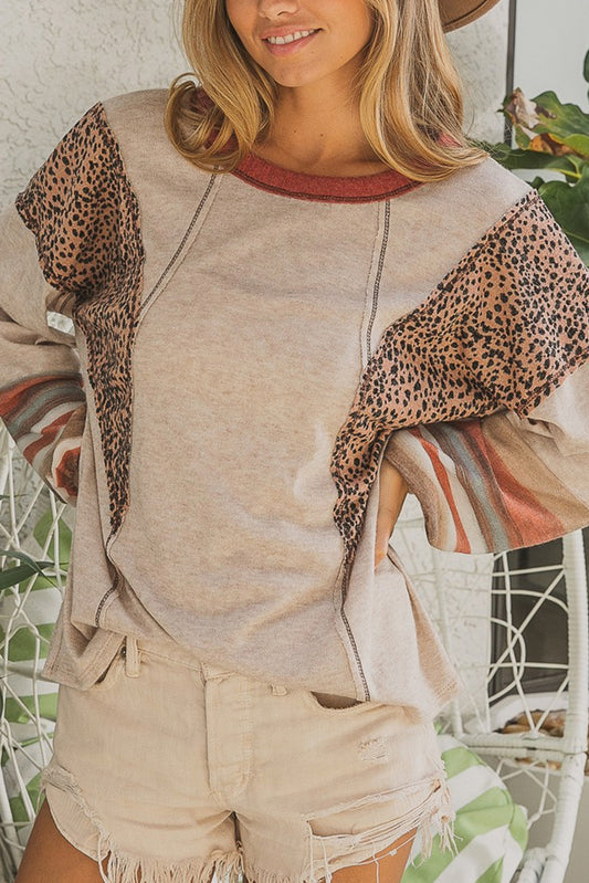 Leopard Patchwork Exposed Seam Top