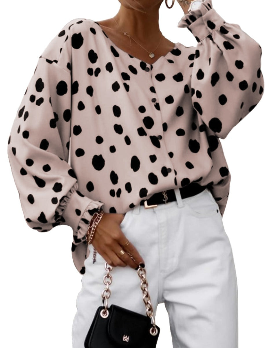 Dotted Puff Sleeve Buttoned Blouse