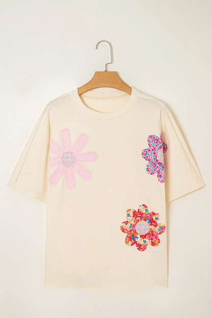 Floral Patch Exposed Stitching Crew Neck Tee