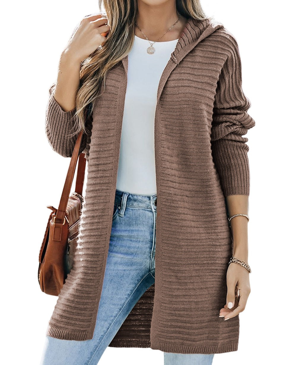 Ribbed Open Front Hooded Cardigan