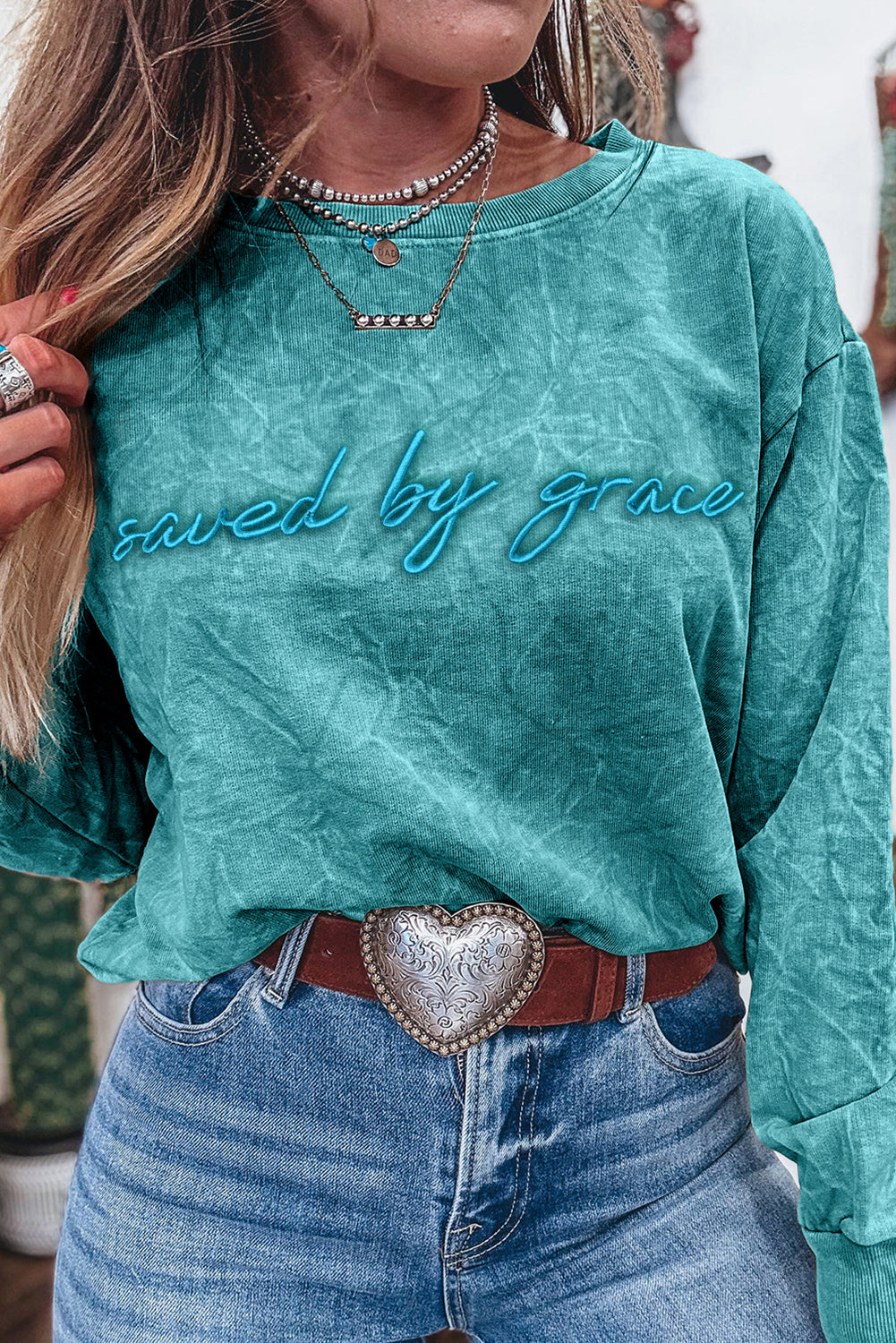 Saved by Grace Embroidered Mineral Wash Loose Sweatshirt
