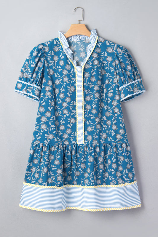 Plus Size Floral Stripe Patchwork Ruffle Dress