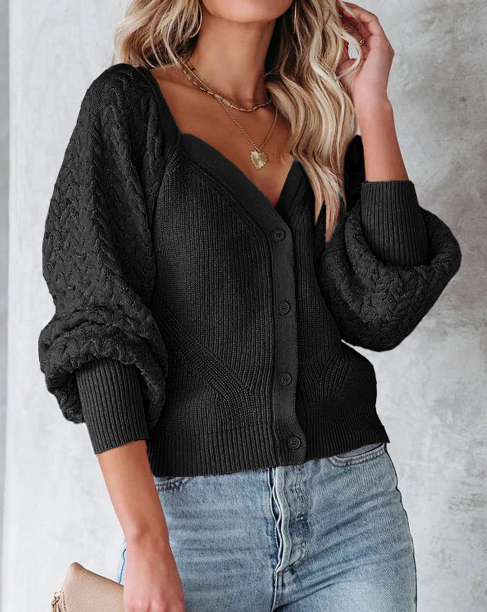 Herringbone Puff Sleeve Buttoned Cardigan