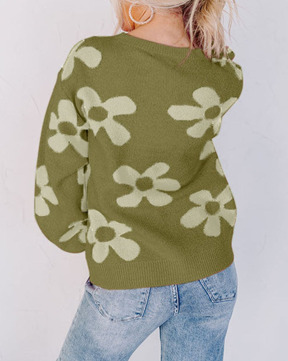 Floral Ribbed Trim Crewneck Sweater