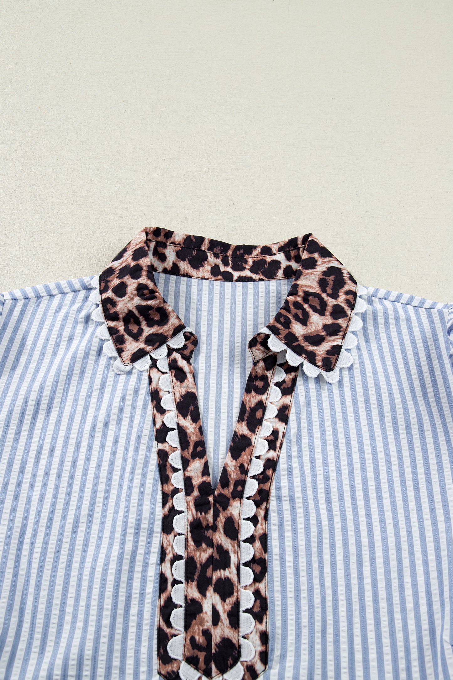 Plus Size Leopard Collar Stripe Bubble Sleeve Blouse