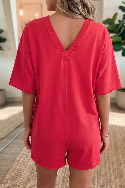 Solid Raw Edge 3/4 Sleeve Pocketed Loose Romper
