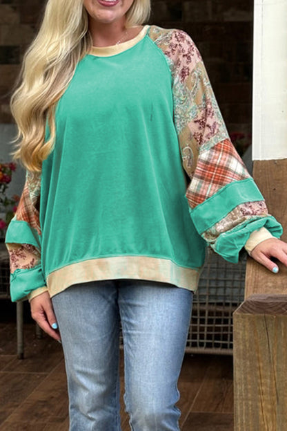 Plaid Floral Raglan Sleeve Sweatshirt Plus Size