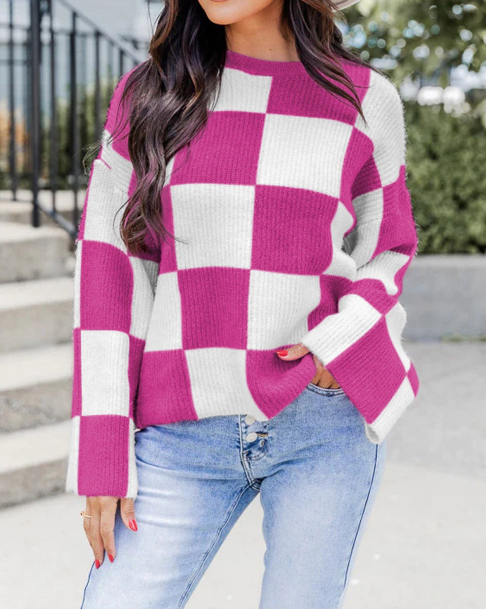 Checker Round Neck Baggy Sweater