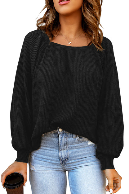 Waffle Square Neck Puff Sleeve Top