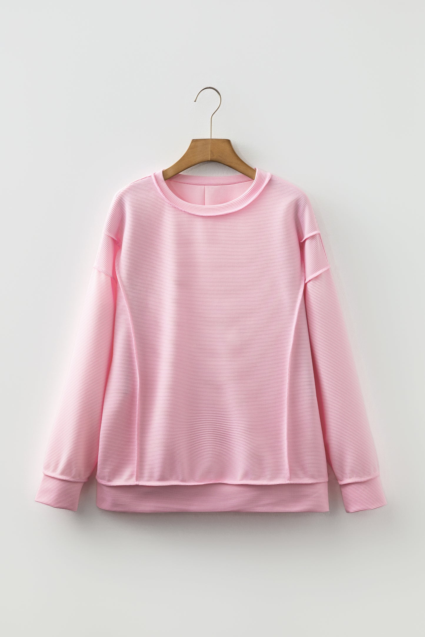 Solid Ribbed Exposed Seam Long Sleeve Top
