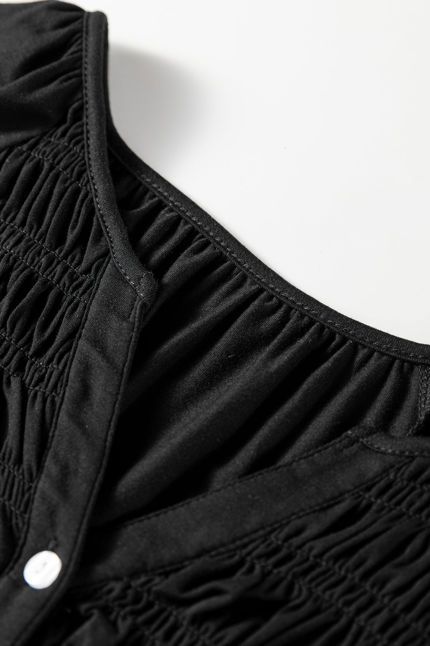 Solid Smocked Split V-Neck Buttoned Blouse