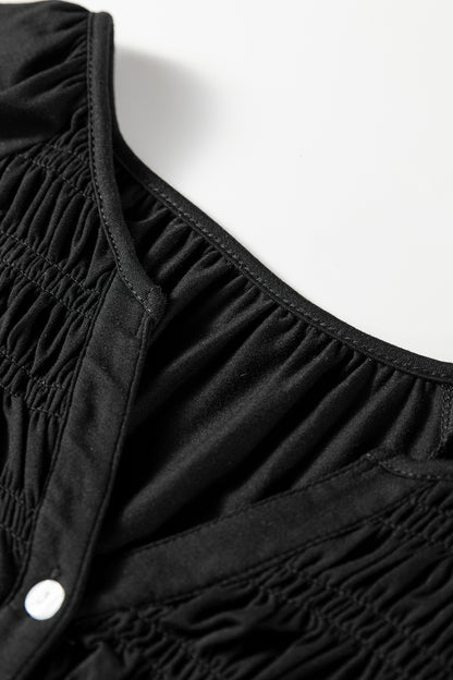 Solid Smocked Split V-Neck Buttoned Blouse