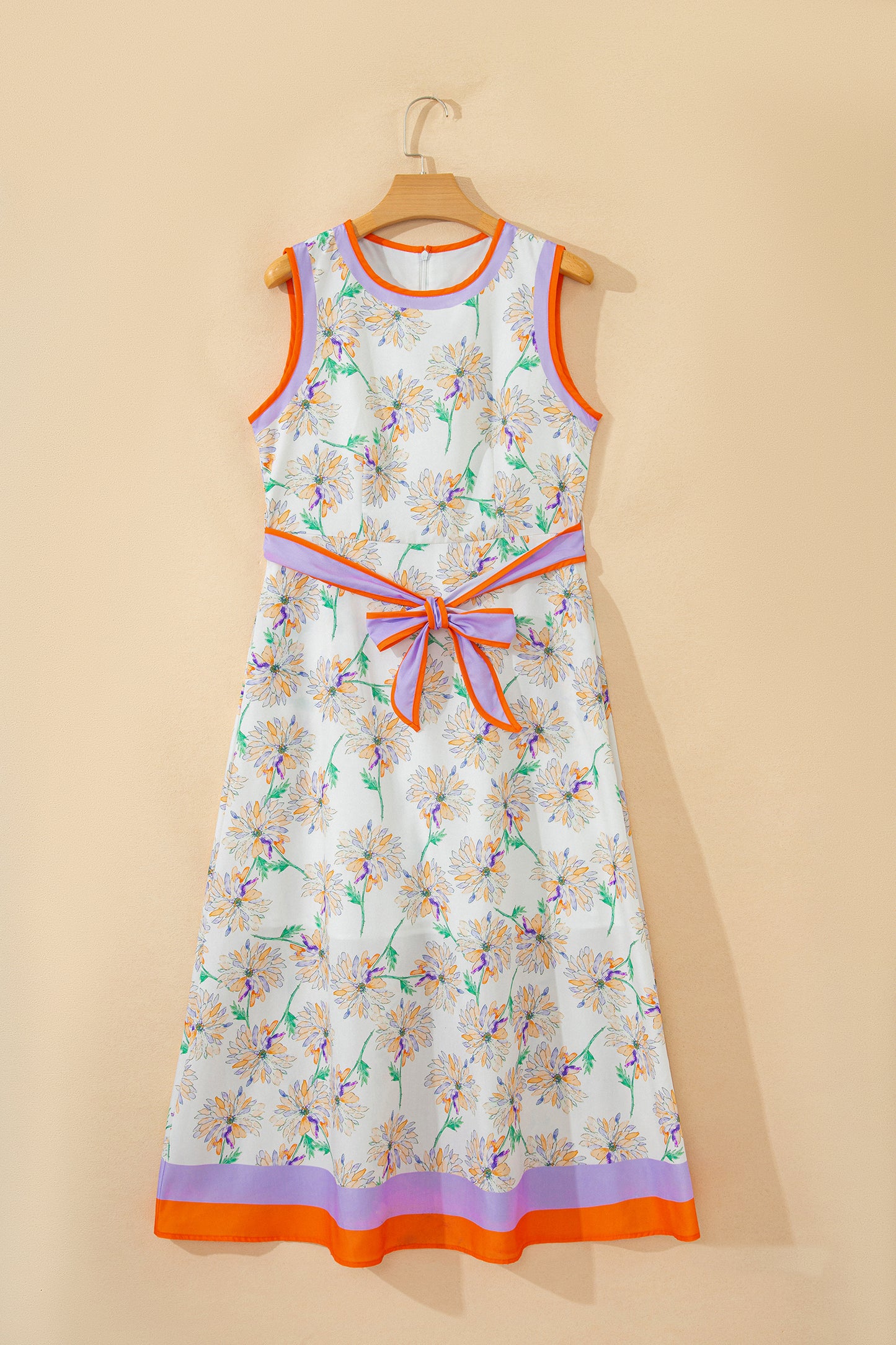 Floral Colorblock Trim Belted Sleeveless Maxi Dress