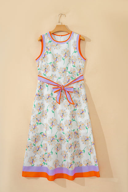 Floral Colorblock Trim Belted Sleeveless Maxi Dress