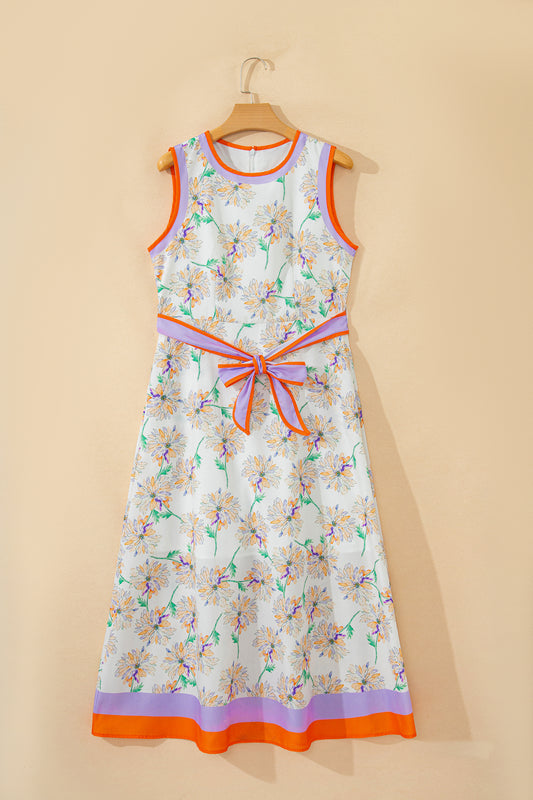 Floral Colorblock Trim Belted Sleeveless Maxi Dress
