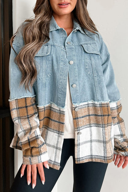 Denim Plaid Patchwork Buttoned Jacket