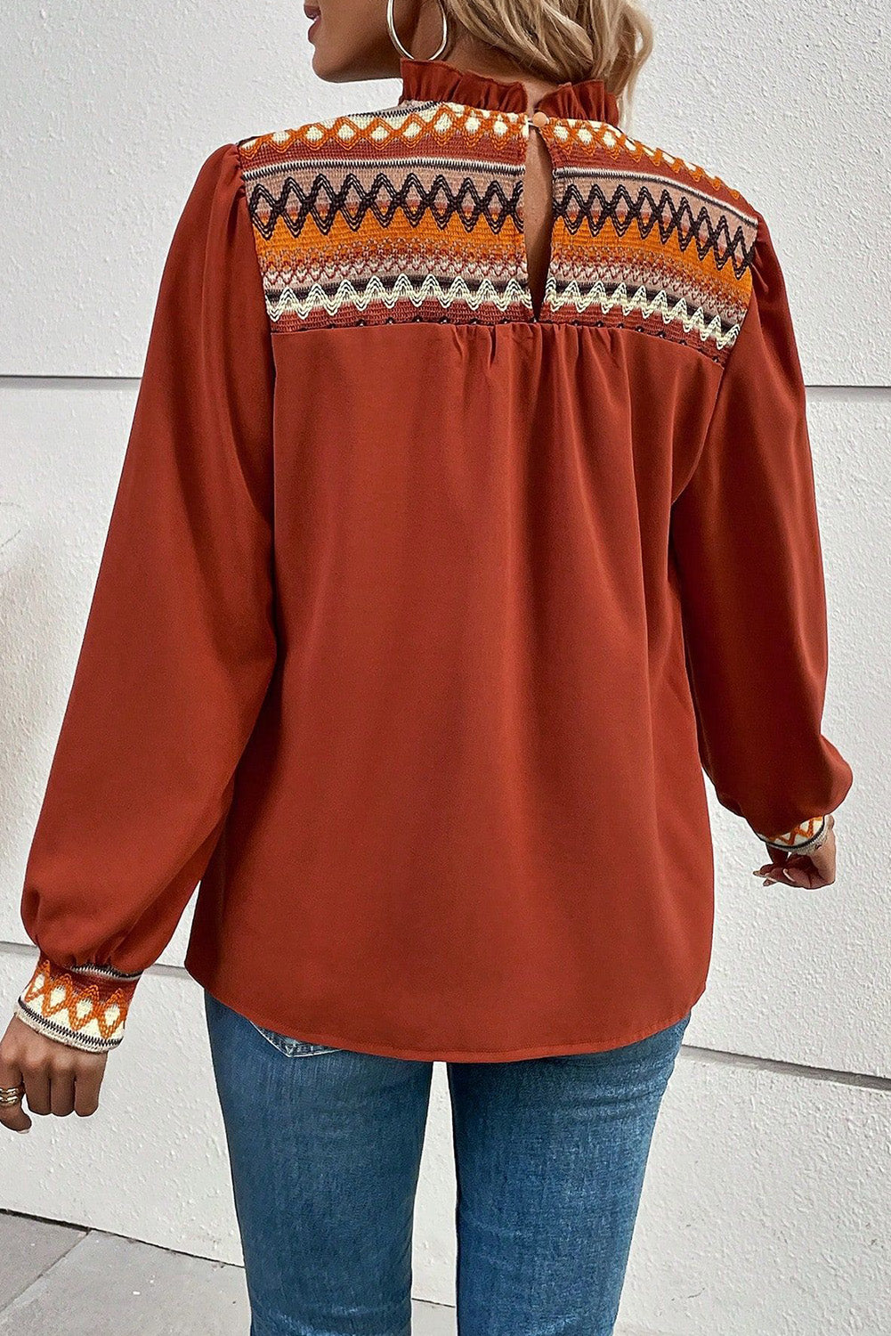 Western Geometric Frilled Neck Blouse