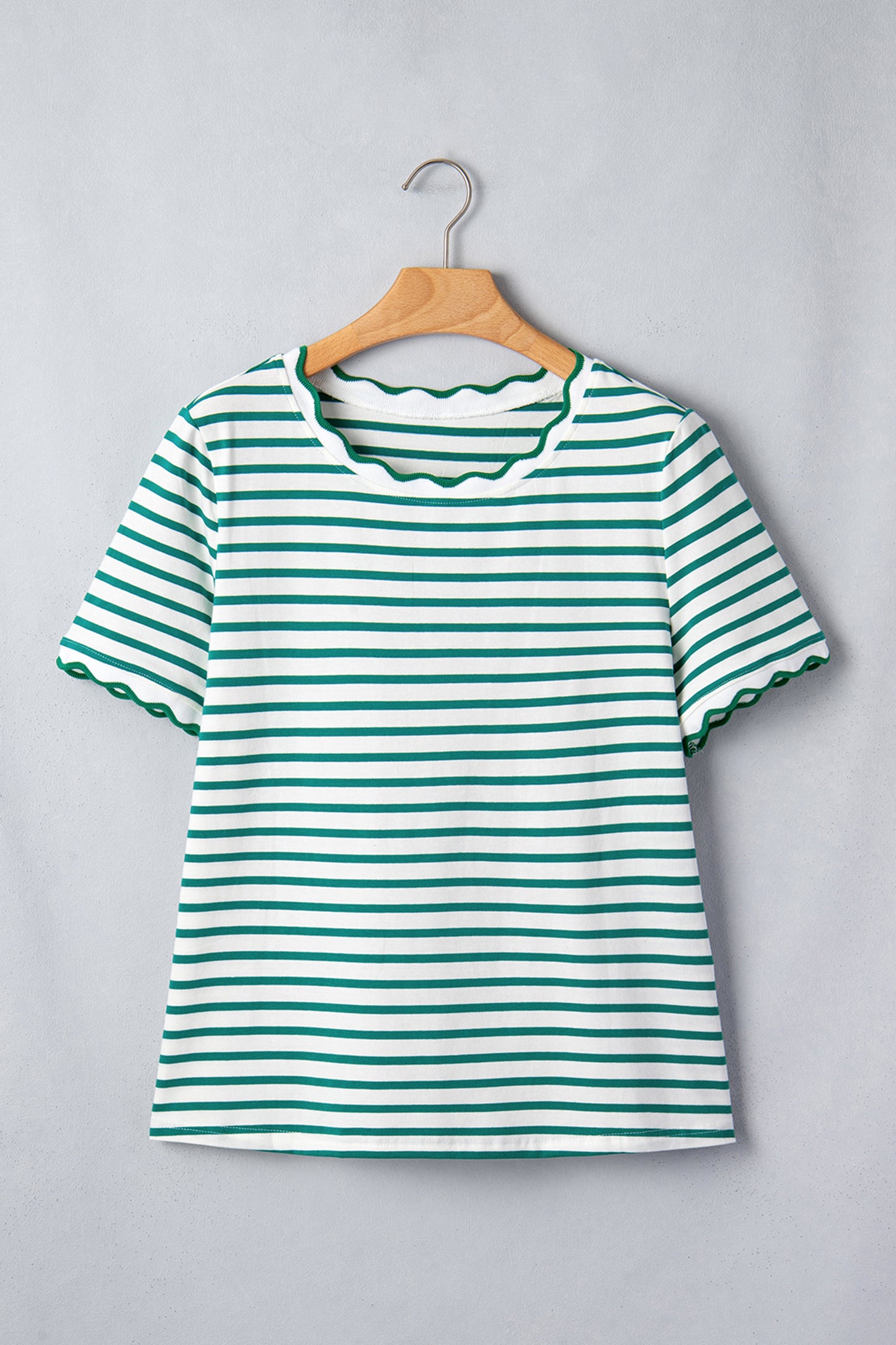 Stripe Scallop Trim Round Neck T-Shirt