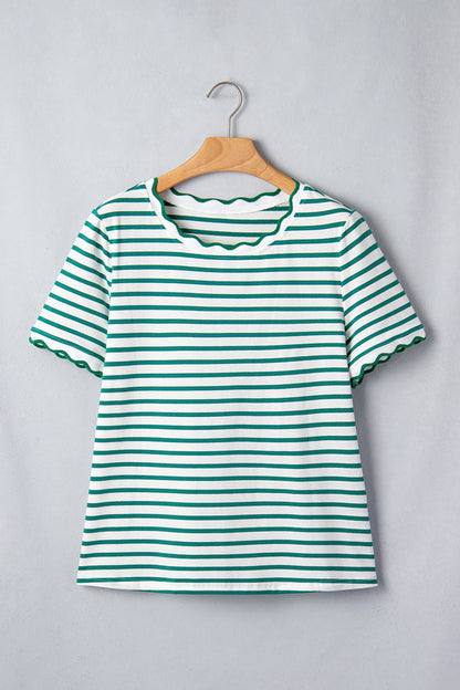 Stripe Scallop Trim Round Neck T-Shirt