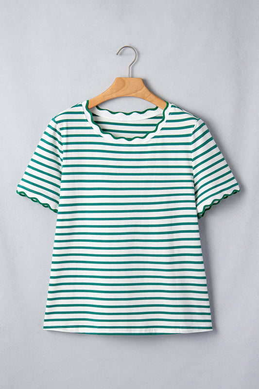 Stripe Scallop Trim Round Neck T-Shirt