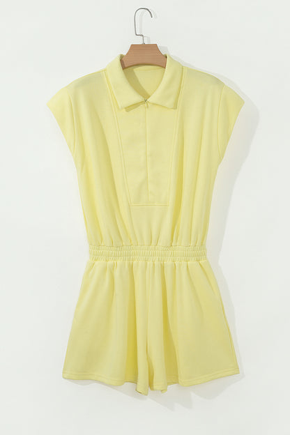 Solid Half Zip Polo Tee Elastic Waist Romper