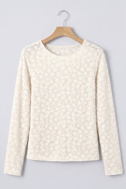 Solid Floral Textured Knit Long Sleeve Top