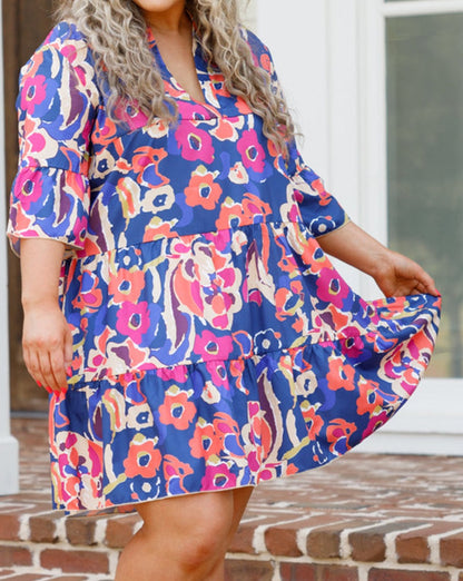 Floral Ruffle 3/4 Sleeve Dress Plus Size