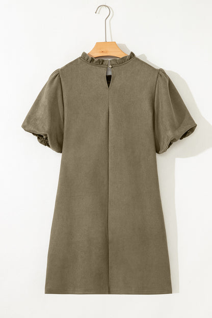 Frilled Round Neck Puff Sleeve Mini Dress