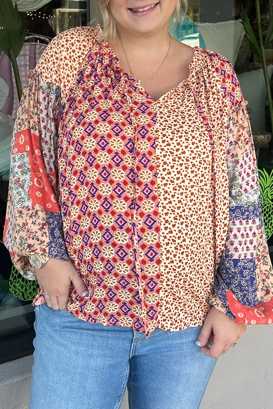 Plus Size Floral Geometric Patchwork Blouse