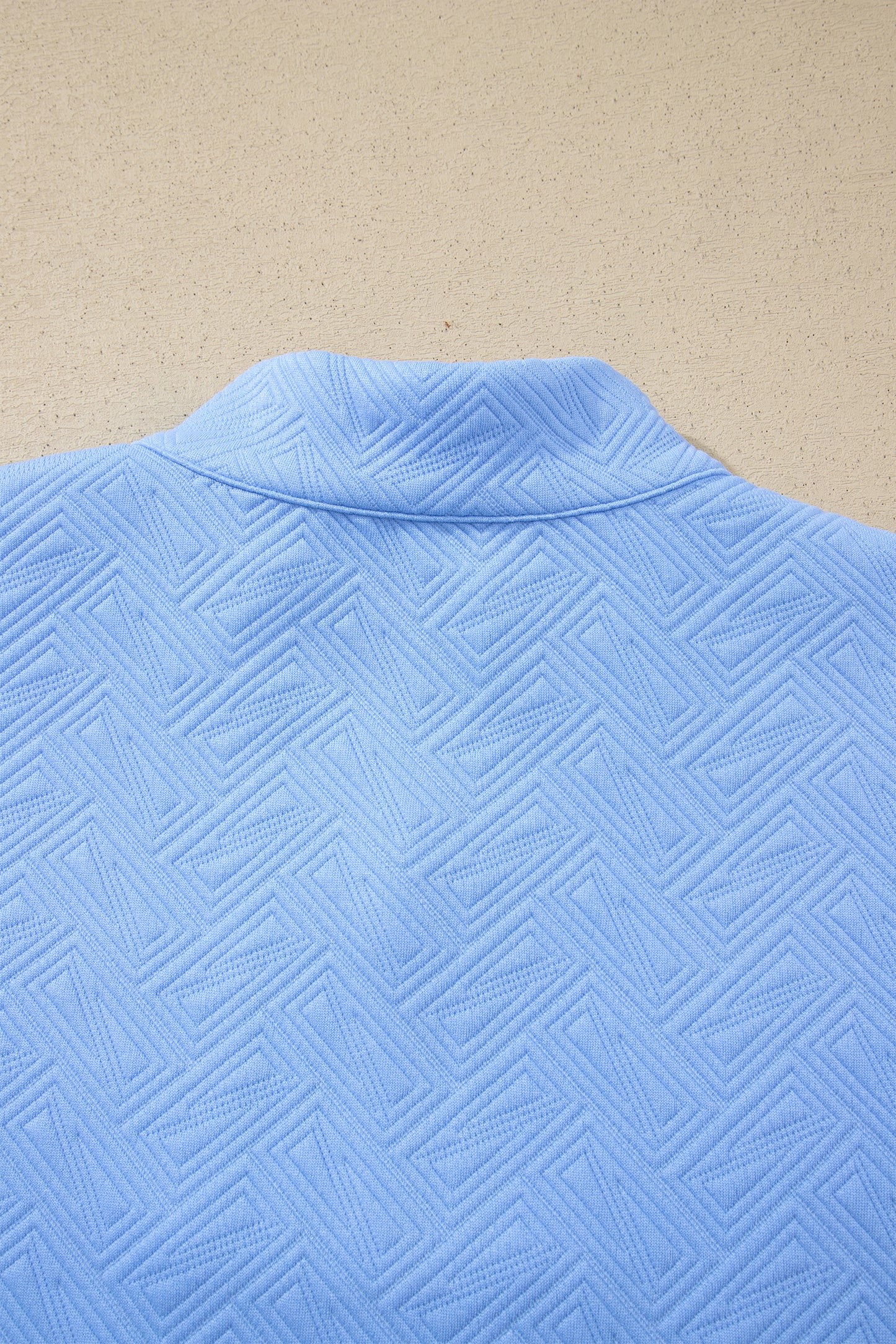 Stripe Trim Split Neck Puff Sleeve Textured Top