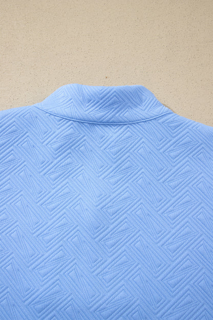 Stripe Trim Split Neck Puff Sleeve Textured Top