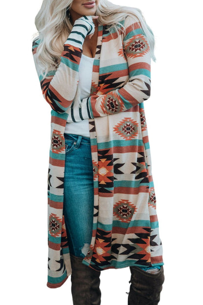 Aztec Stripe Open Front Long Cardigan