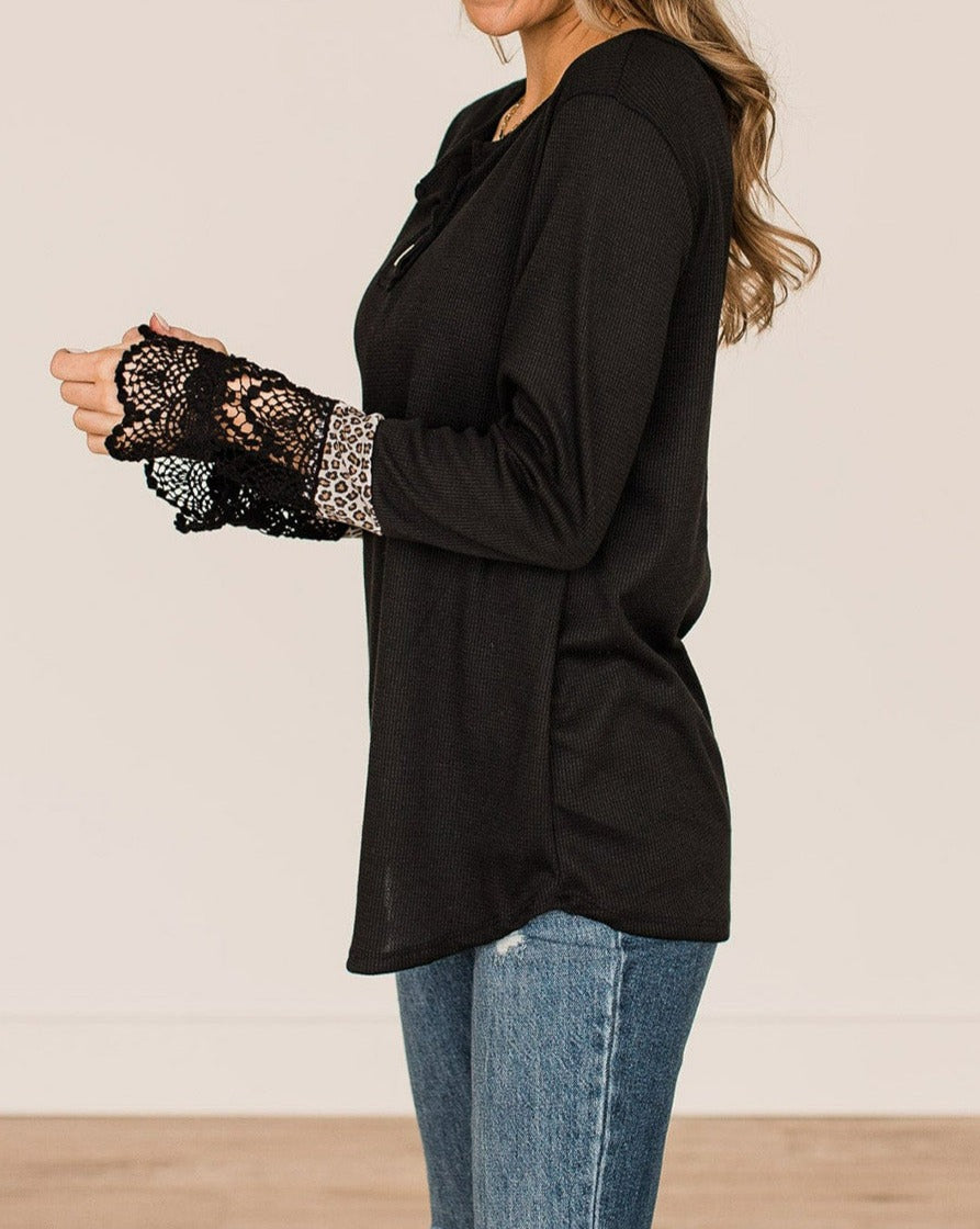 Leopard Lace Patchwork Henley Top