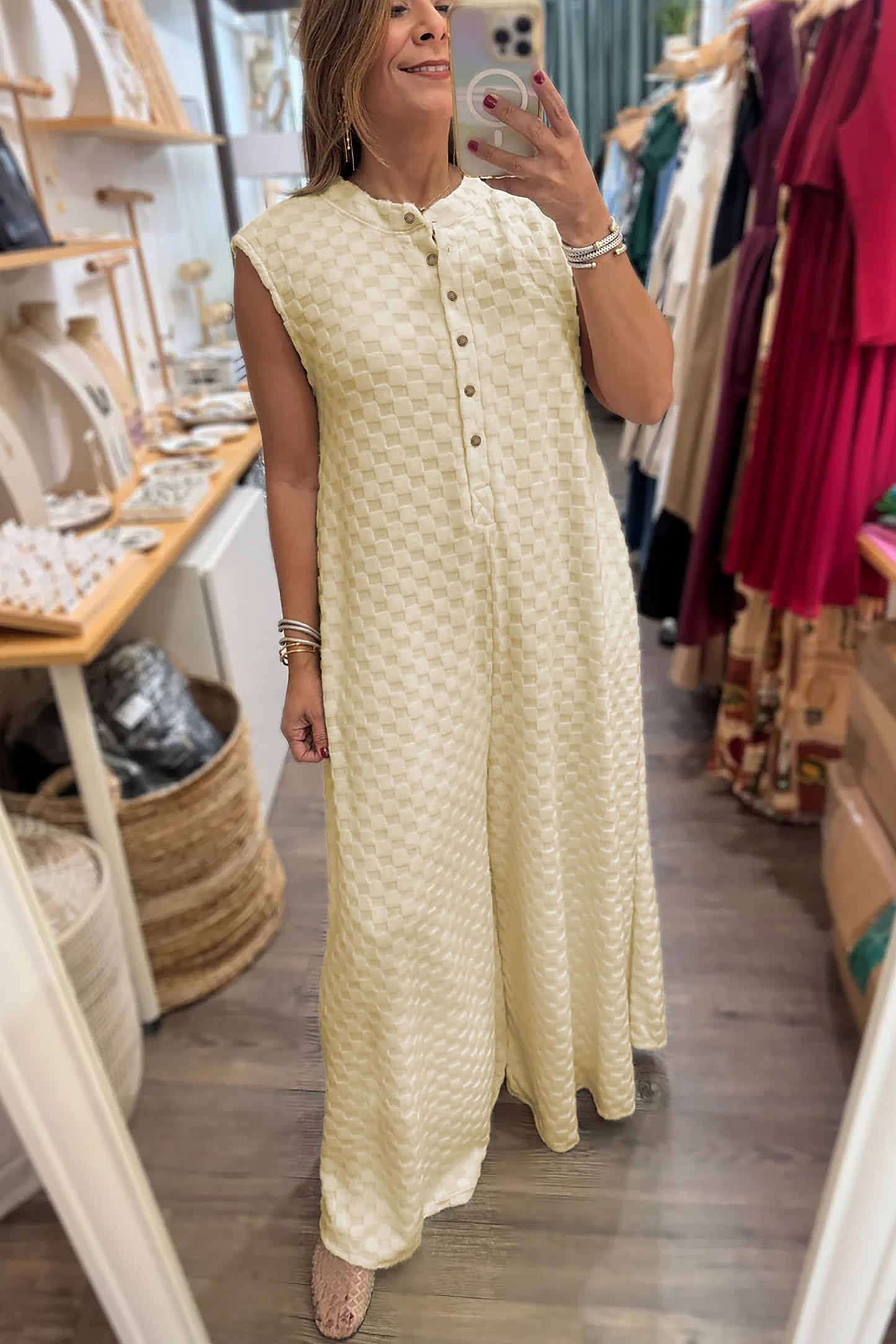 Checker Textured Sleeveless Wide Leg Jumpsuit