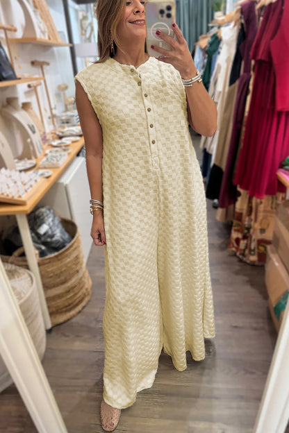 Checker Textured Sleeveless Wide Leg Jumpsuit
