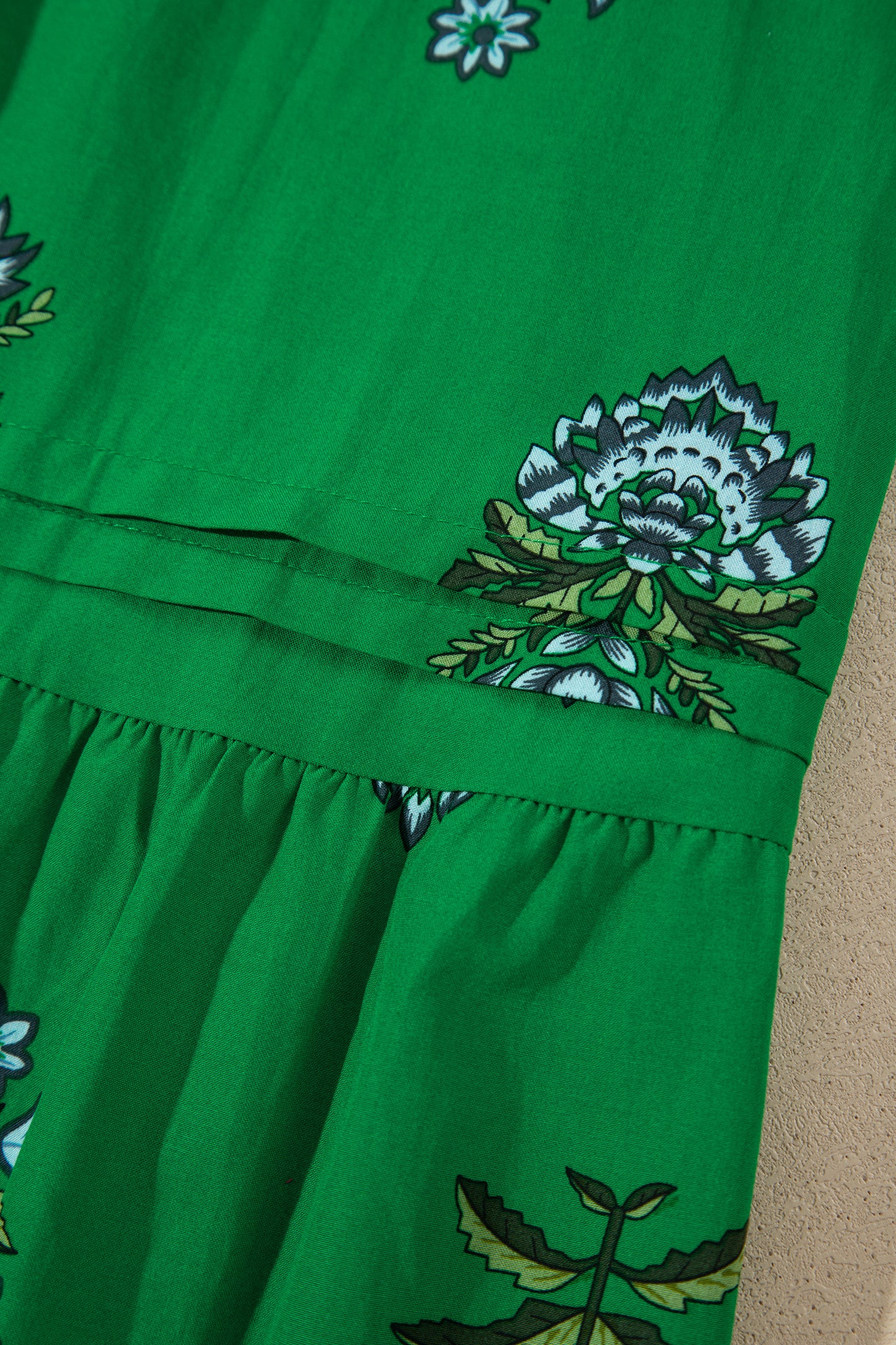 Floral Split Neck Shirred High Waist Maxi Dress
