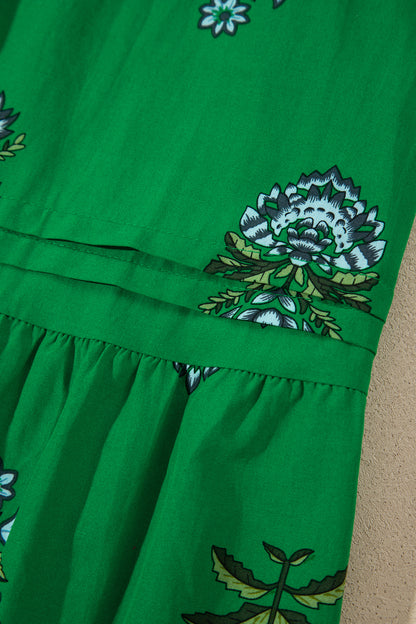 Floral Split Neck Shirred High Waist Maxi Dress