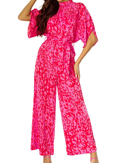 Leopard Kimono Sleeve Belted Jumpsuit