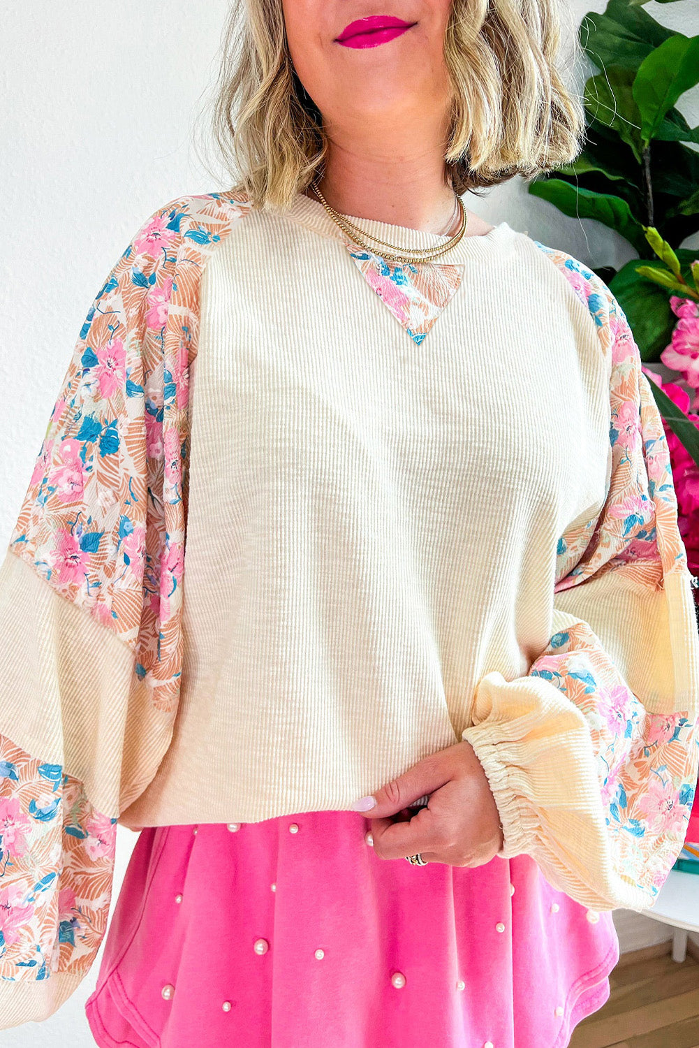 Floral Ribbed Puff Sleeve Top Plus Size