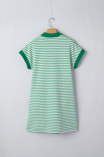 Stripe Quarter Zip Polo Collar T-Shirt Dress