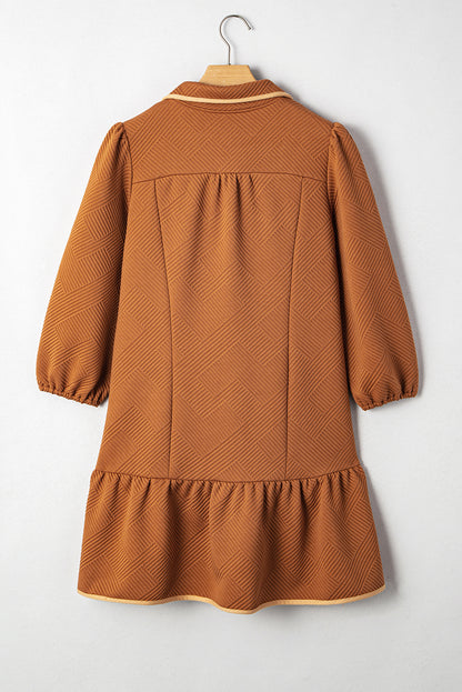Textured Quarter Zip Collar 3/4 Sleeve Mini Dress