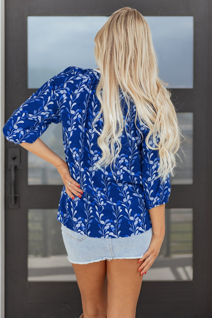 Floral 3/4 Sleeve Notched Neck Blouse