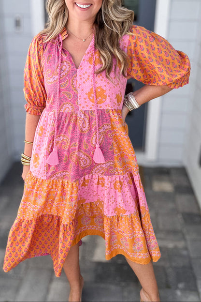 Plus Size Boho Floral Patchwork Midi Dress