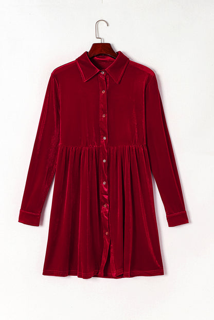 Valentine Velvet Ruffle Buttoned Long Sleeve Dress