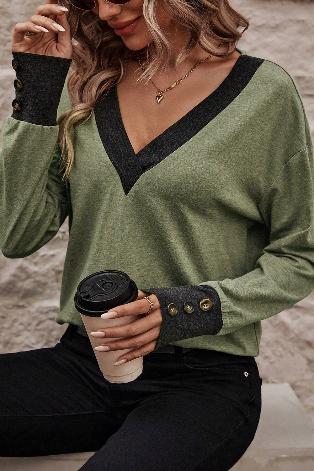 Colorblock Long Sleeve V-Neck Top