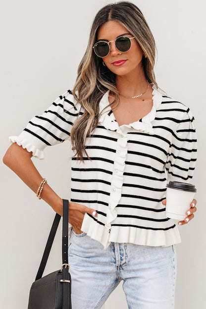 Stripe Ruffle Knit Short Sleeve Buttoned Cardigan