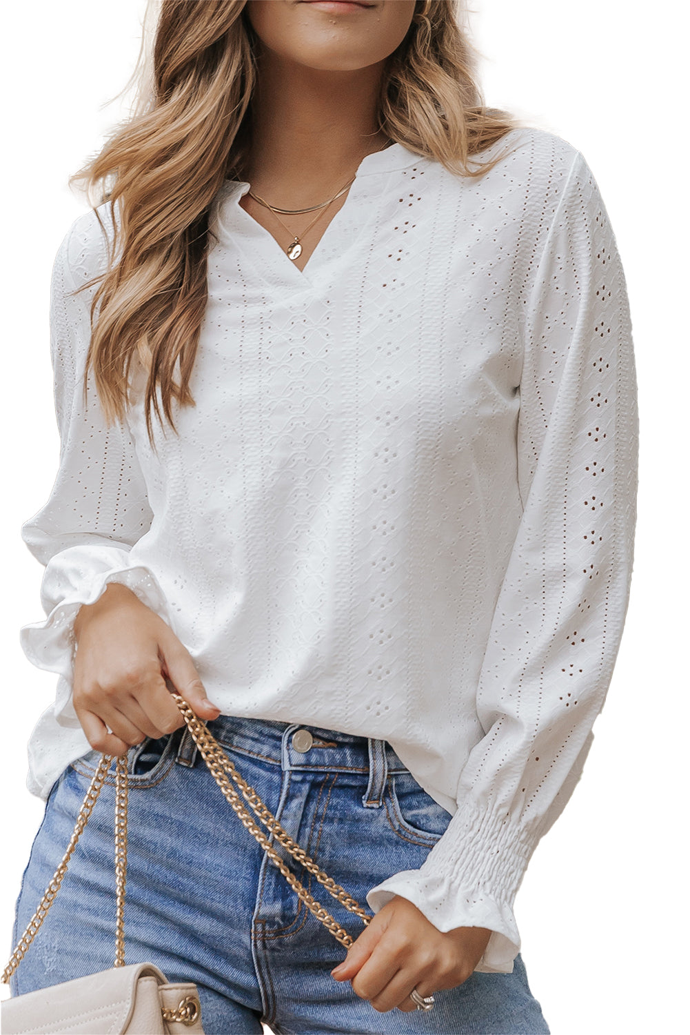 Eyelet Flounced Long Sleeve Blouse