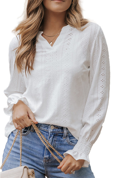 Eyelet Flounced Long Sleeve Blouse