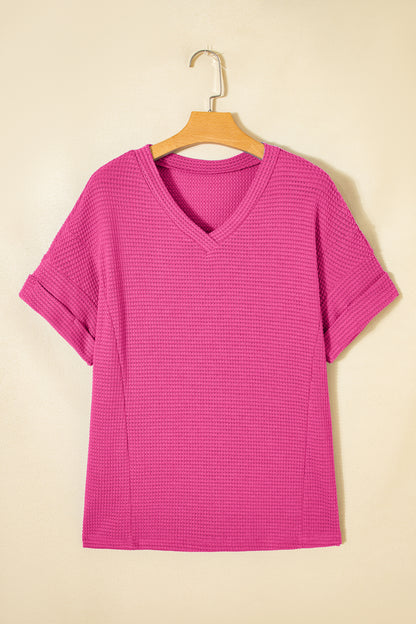 Solid Waffle Knit V-Neck Short Sleeve Top