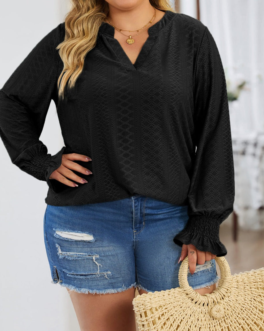 Eyelet Long Sleeve Blouse Plus Size